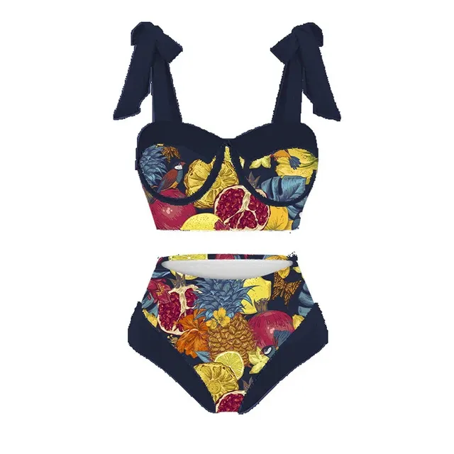 Women Split Swimsuit Retro Tropical Fruit Mixed Print 