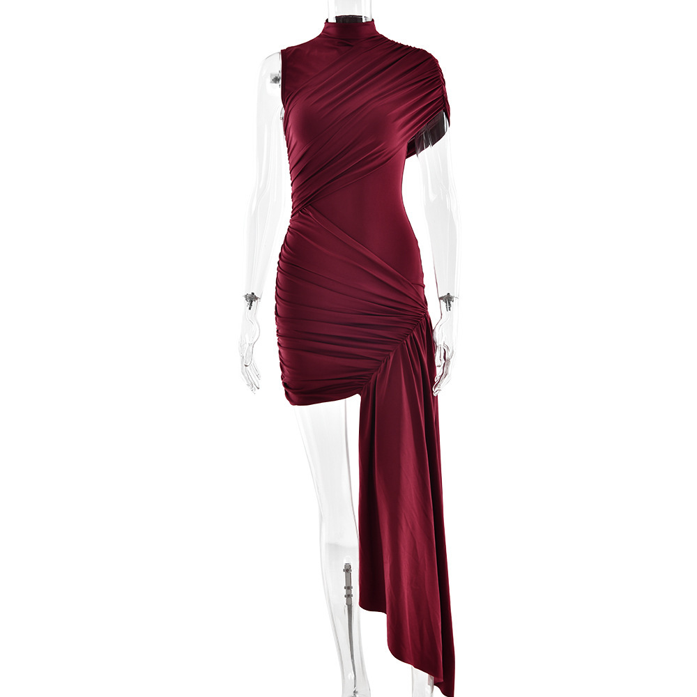 European and American slim fit ribbon dress with round neck pleats irregular hips sleeveless dress-chiquechics