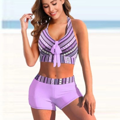 Bikini printed split swimsuit with flat angle stripes-chiquechics
