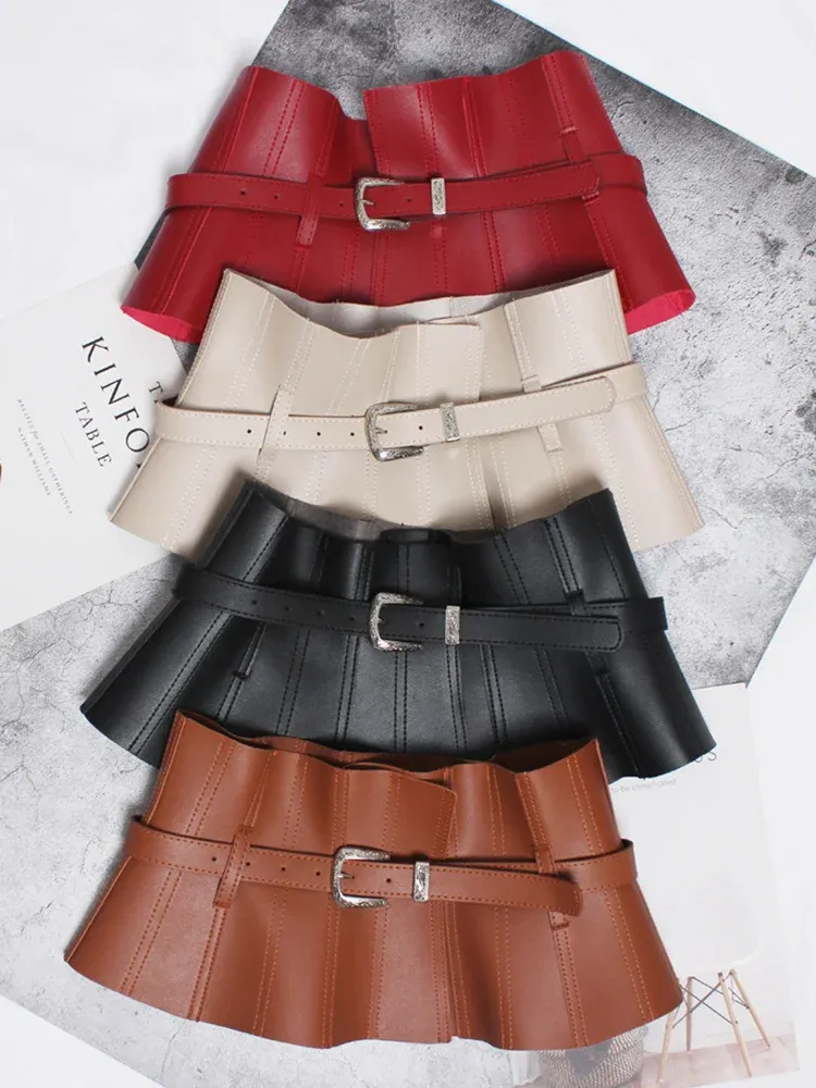 Ruffles PU Leather Cummerbunds Women Solid Color Waist Girdle Adjustable Wide Belts