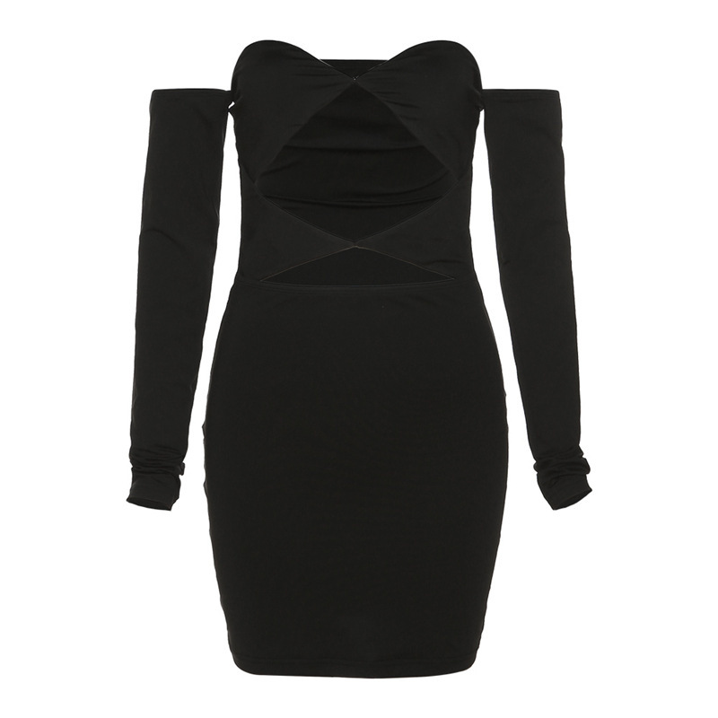 Autumn and Winter New Cross border Women's Dress Long Sleeve Slotted Neck Sexy Hollow Body Fitted Dress-chiquechics