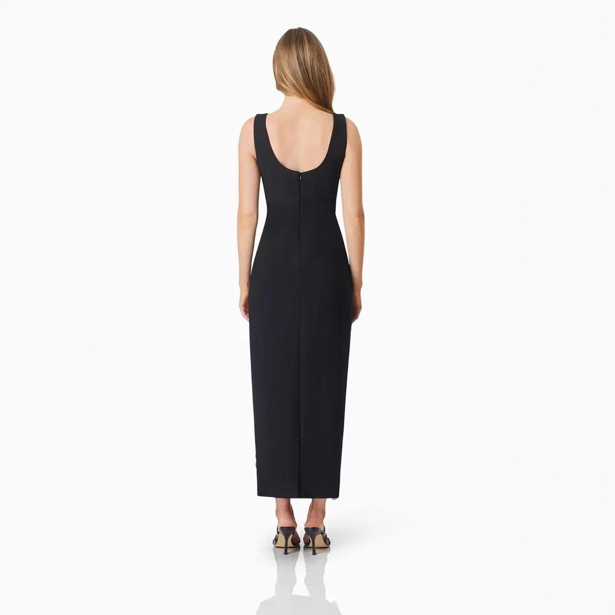 Summer U-neck sleeveless diamond studded three-dimensional flower slim fit black dress with buttocks wrapped-chiquechics