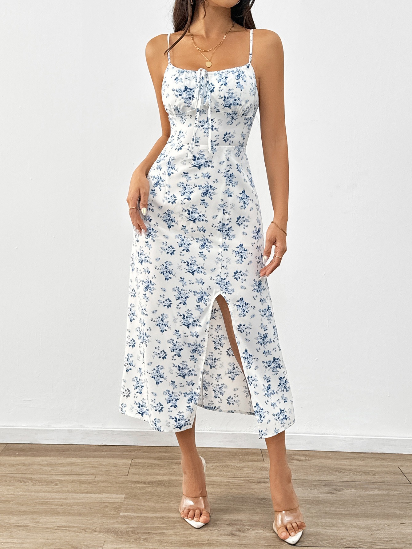 European and American fresh style camisole floral dress, summer new high waisted pullover A-line mid length skirt-chiquechics