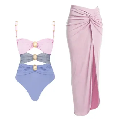 New Women‘s Swimsuit Buttons One Piece Sarong Swimwear 