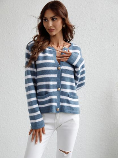 Women's Striped Loose Knit Single Breasted Cardigan Sweater-chiquechics