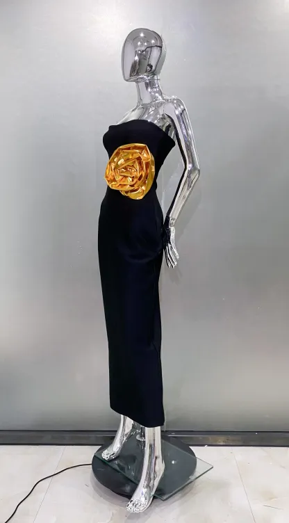 Strapless Big Golden Florals Bodycon Bandage Long Dress 