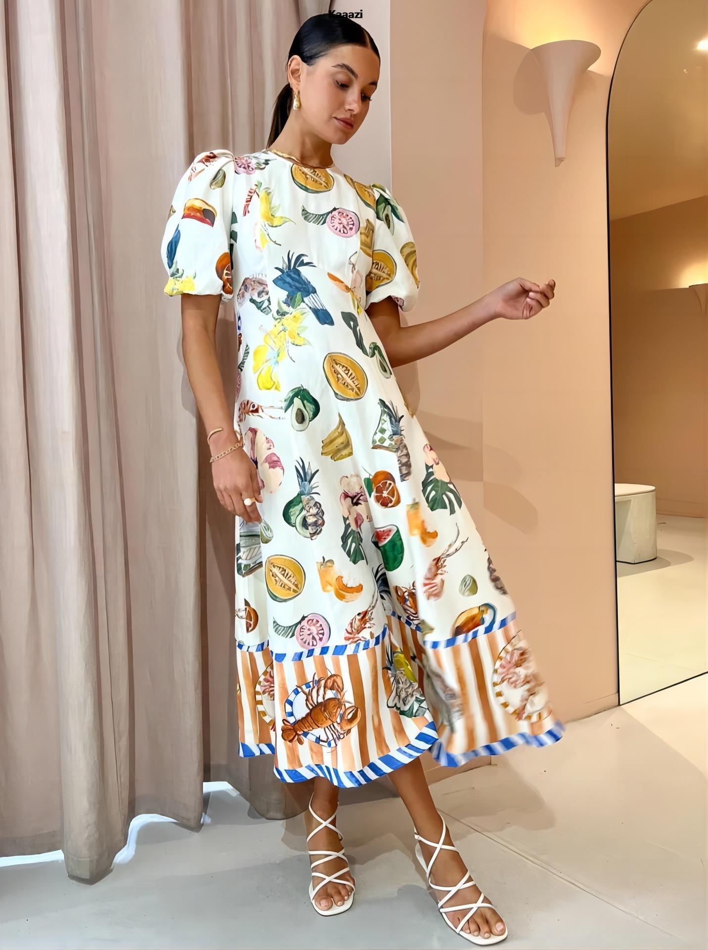 Short Sleeve Fashion Vintage Print Maxi Dress Casual Summer Round Neck Puff Sleeve Loose Women Long Dress Slim Fit Elegant Robe-chiquechics