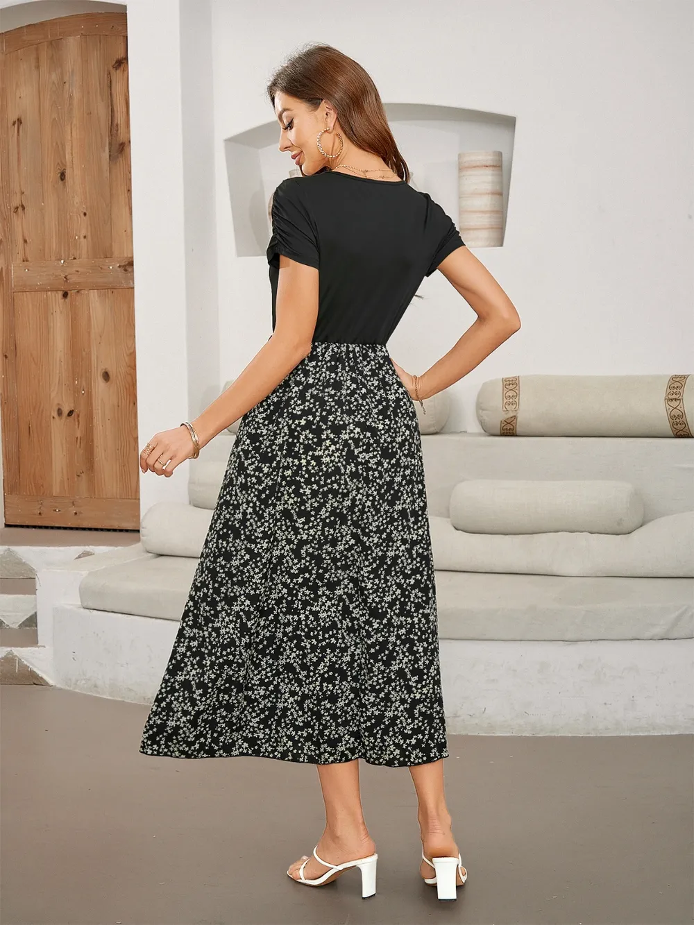 Printed Round Neck Short Sleeve Midi Dress-chiquechics