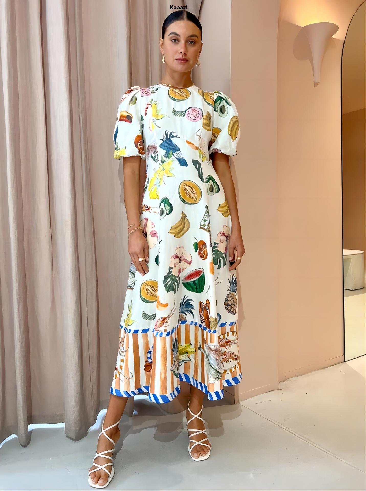 Short Sleeve Fashion Vintage Print Maxi Dress Casual Summer Round Neck Puff Sleeve Loose Women Long Dress Slim Fit Elegant Robe-chiquechics