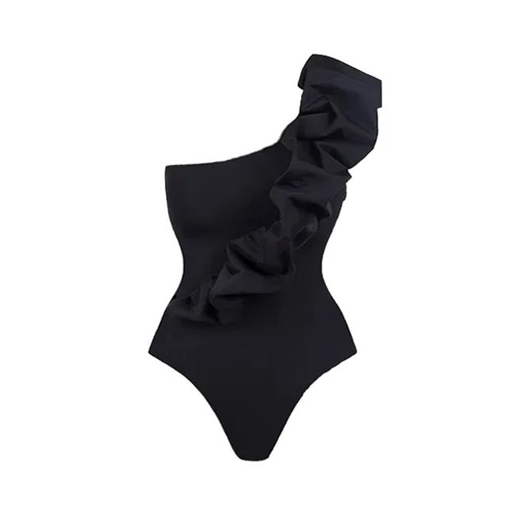Black one piece swimsuit with sloping shoulders 