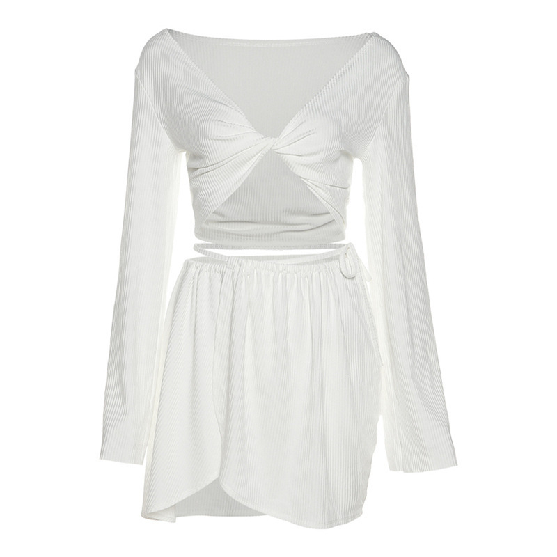 Autumn New Women's Fashion Long Sleeve V-Neck Open Navel T-shirt Slim Wrap Hip Skirt Set-chiquechics
