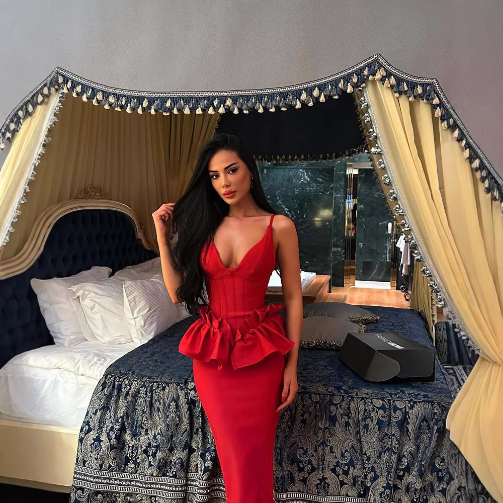 Red V-neck ruffle hem backless waist cinched evening dress socialite long dress-chiquechics
