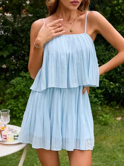 Solid color suspender dress with two layers of lotus leaf A-line skirt-chiquechics