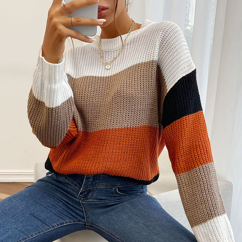 New Lazy Style Colorblock Crewneck Ladies Sweater-chiquechics