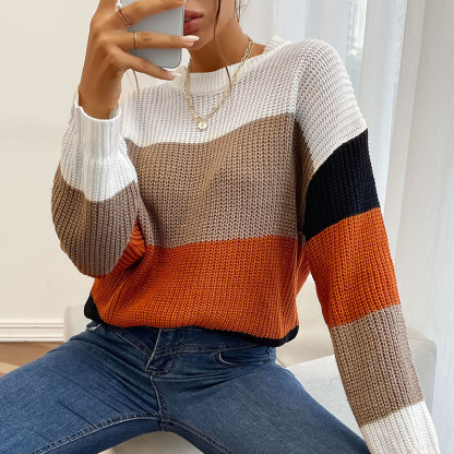 New Lazy Style Colorblock Crewneck Ladies Sweater-chiquechics