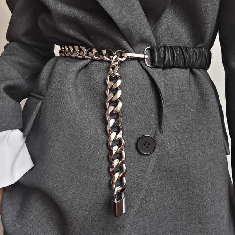 Elastic Leather Silver Chain Belt 