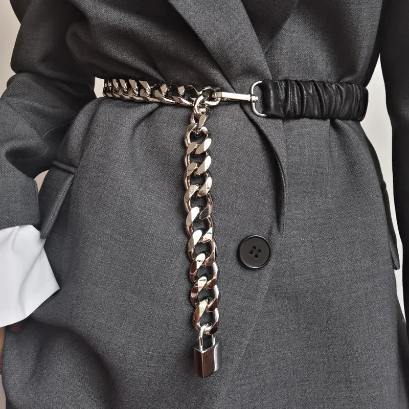 Elastic Leather Silver Chain Belt 