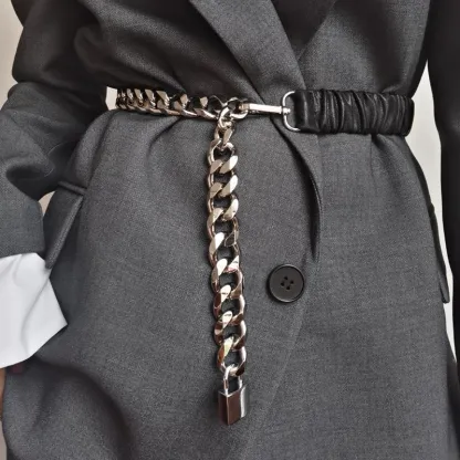 Elastic Leather Silver Chain Belt 