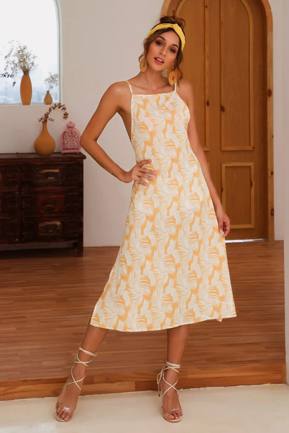 Slit Crisscross Printed Sleeveless Cami Dress-chiquechics