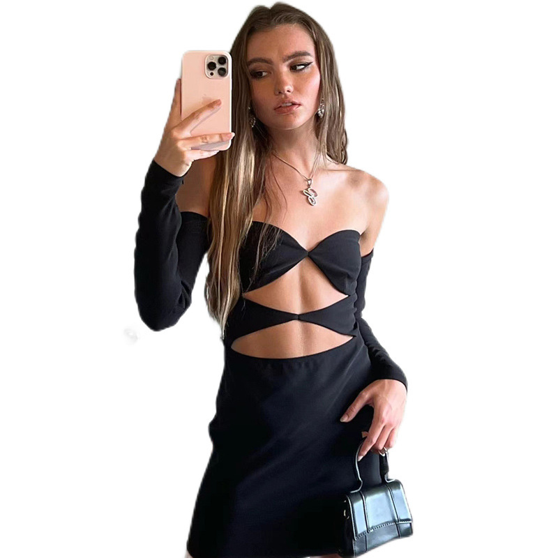 Autumn and Winter New Cross border Women's Dress Long Sleeve Slotted Neck Sexy Hollow Body Fitted Dress-chiquechics