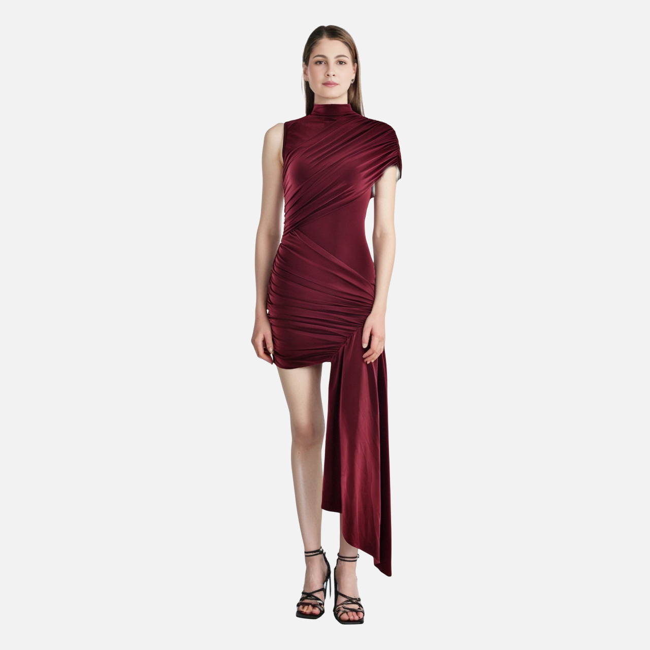 European and American slim fit ribbon dress with round neck pleats irregular hips sleeveless dress-chiquechics