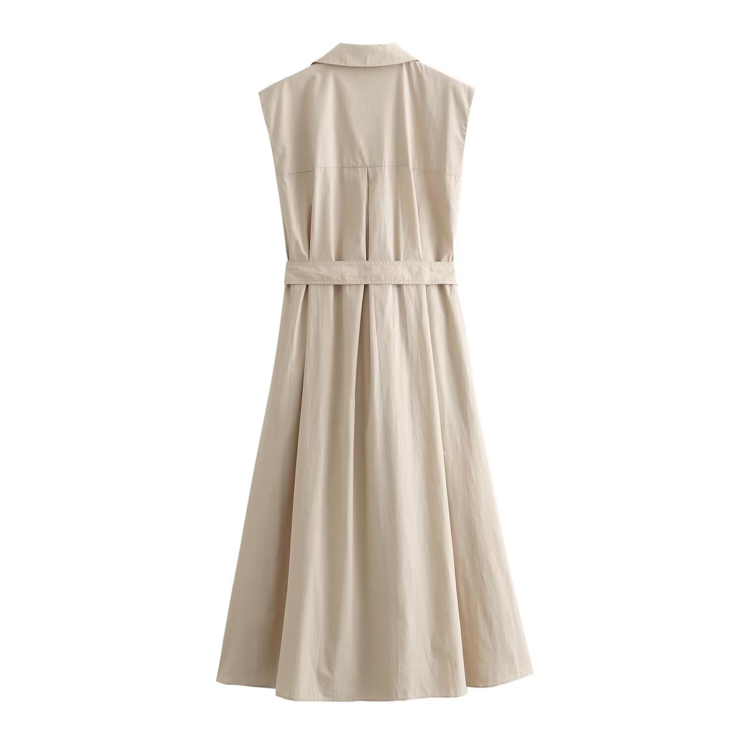 V-neck single breasted belt with pleated sleeveless shirt style dress for women-chiquechics