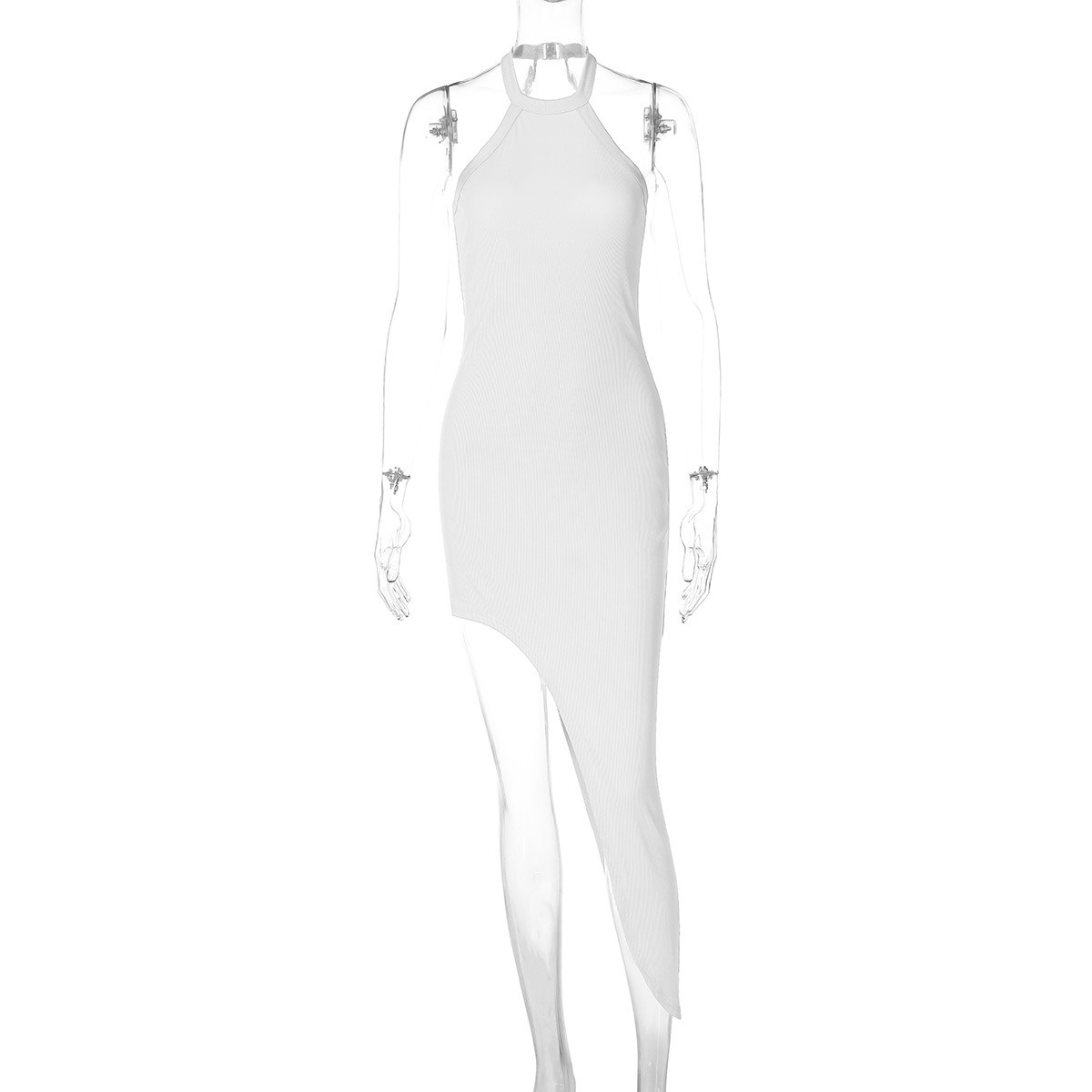 Fashionable and sexy backless split neck sleeveless dress with hanging neck-chiquechics