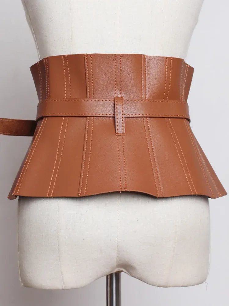 Ruffles PU Leather Cummerbunds Women Solid Color Waist Girdle Adjustable Wide Belts
