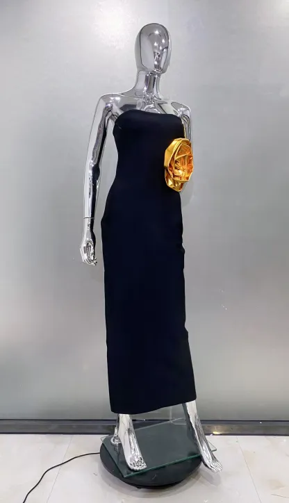 Strapless Big Golden Florals Bodycon Bandage Long Dress 