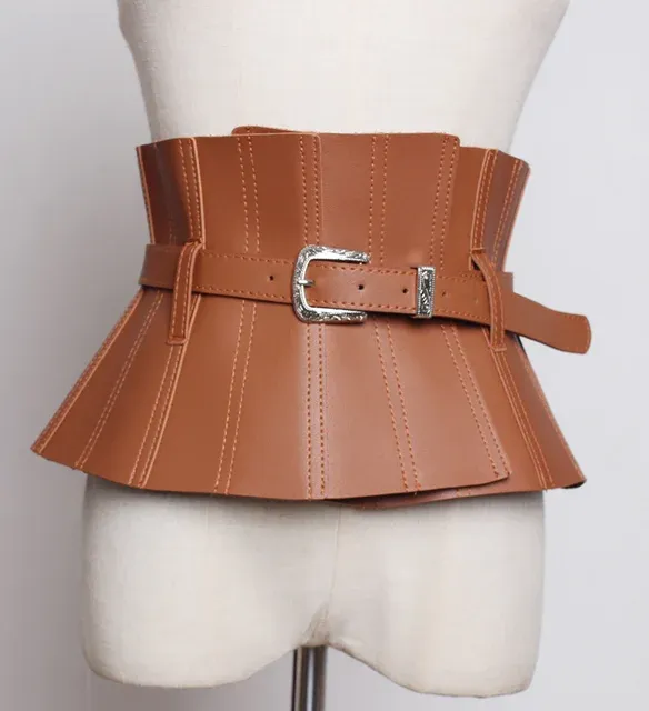 Ruffles PU Leather Cummerbunds Women Solid Color Waist Girdle Adjustable Wide Belts