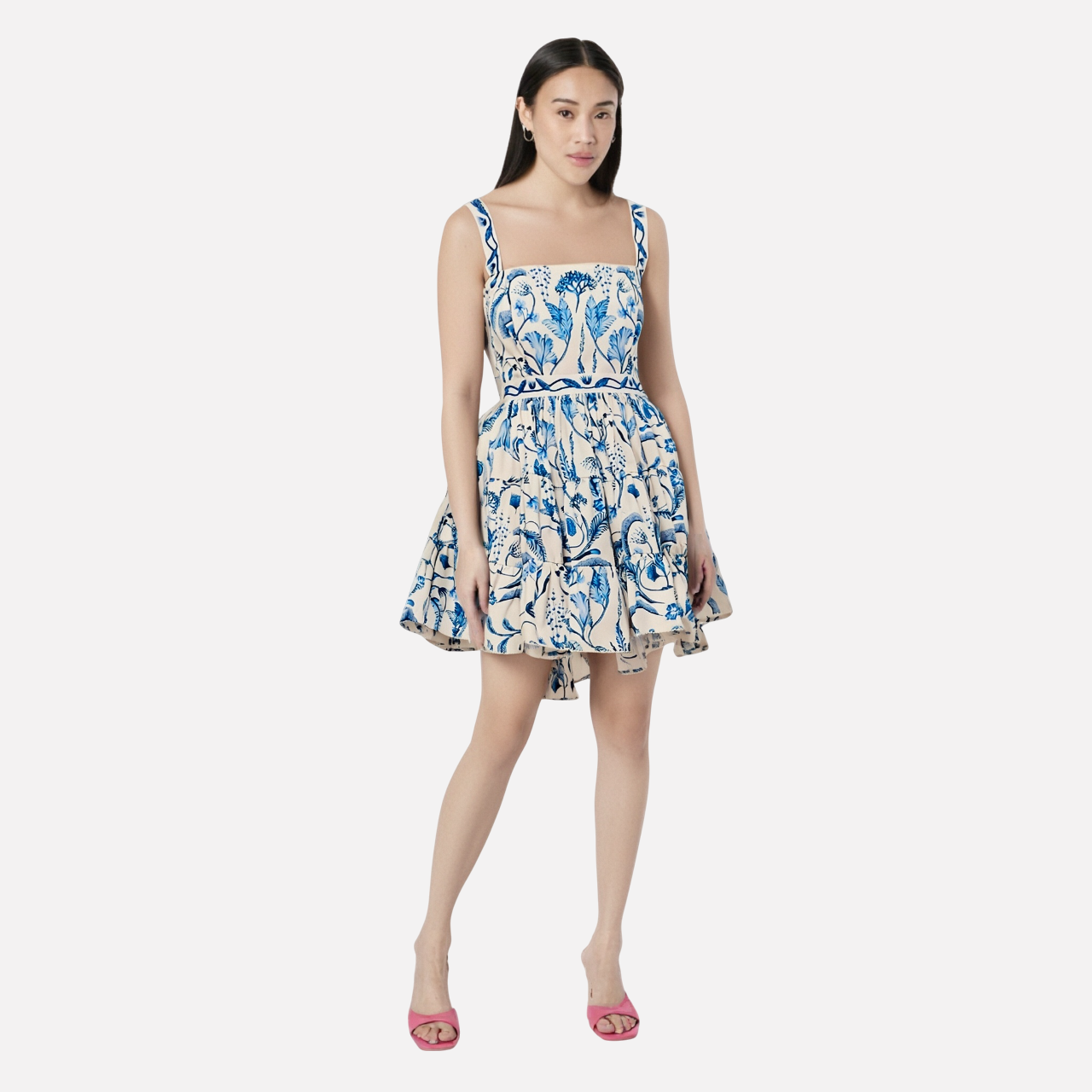 Strapless camisole retro blue print waist cinching short skirt dress for women-chiquechics