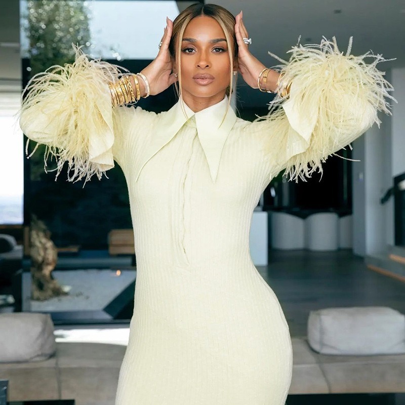 Light Yellow Dress Women Elegant Bandage Long Sleeve Feather Design Party Dress Vestidos-chiquechics