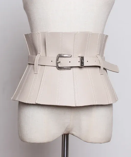 Ruffles PU Leather Cummerbunds Women Solid Color Waist Girdle Adjustable Wide Belts