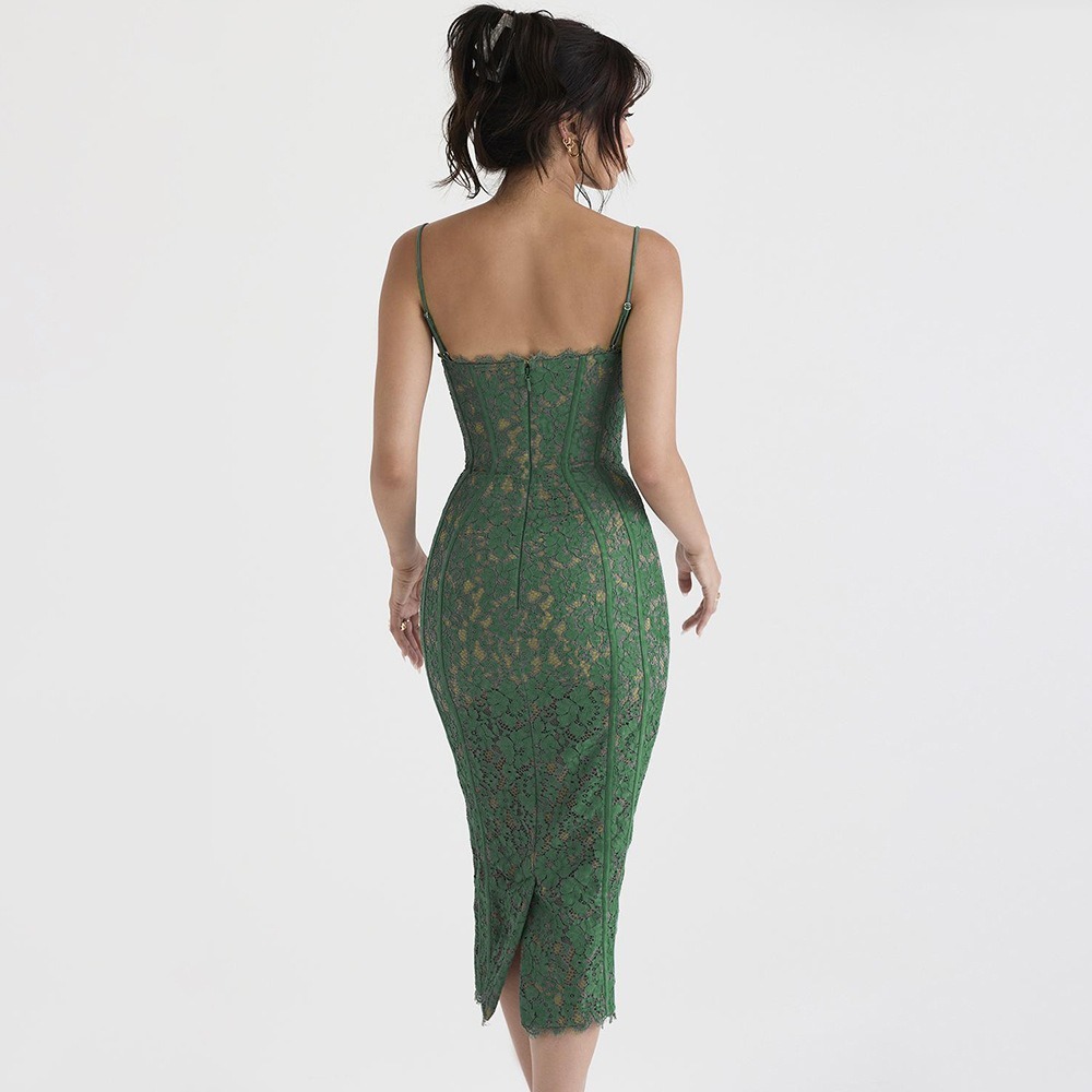 Women's Lace Suspended Dress Temperament Split Mid length Dress Slim Fit Open Back European and American Dress-chiquechics