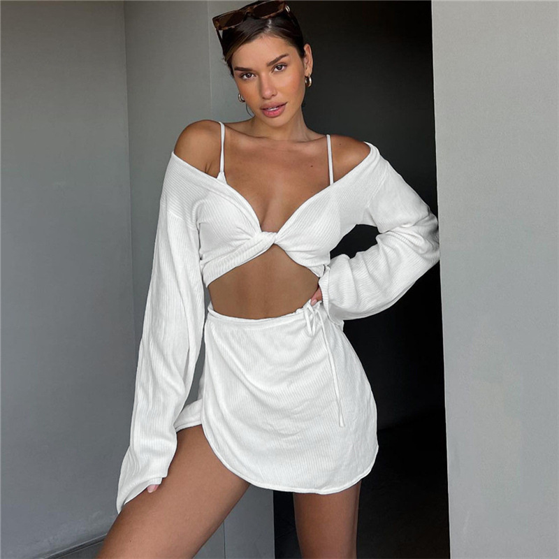 Autumn New Women's Fashion Long Sleeve V-Neck Open Navel T-shirt Slim Wrap Hip Skirt Set-chiquechics