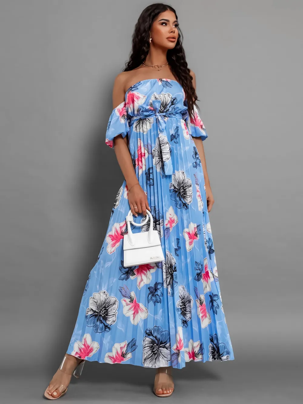 Pleated Floral Off-Shoulder Short Sleeve Midi Dress-chiquechics