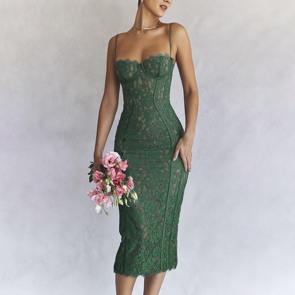 Women's Lace Suspended Dress Temperament Split Mid length Dress Slim Fit Open Back European and American Dress-chiquechics