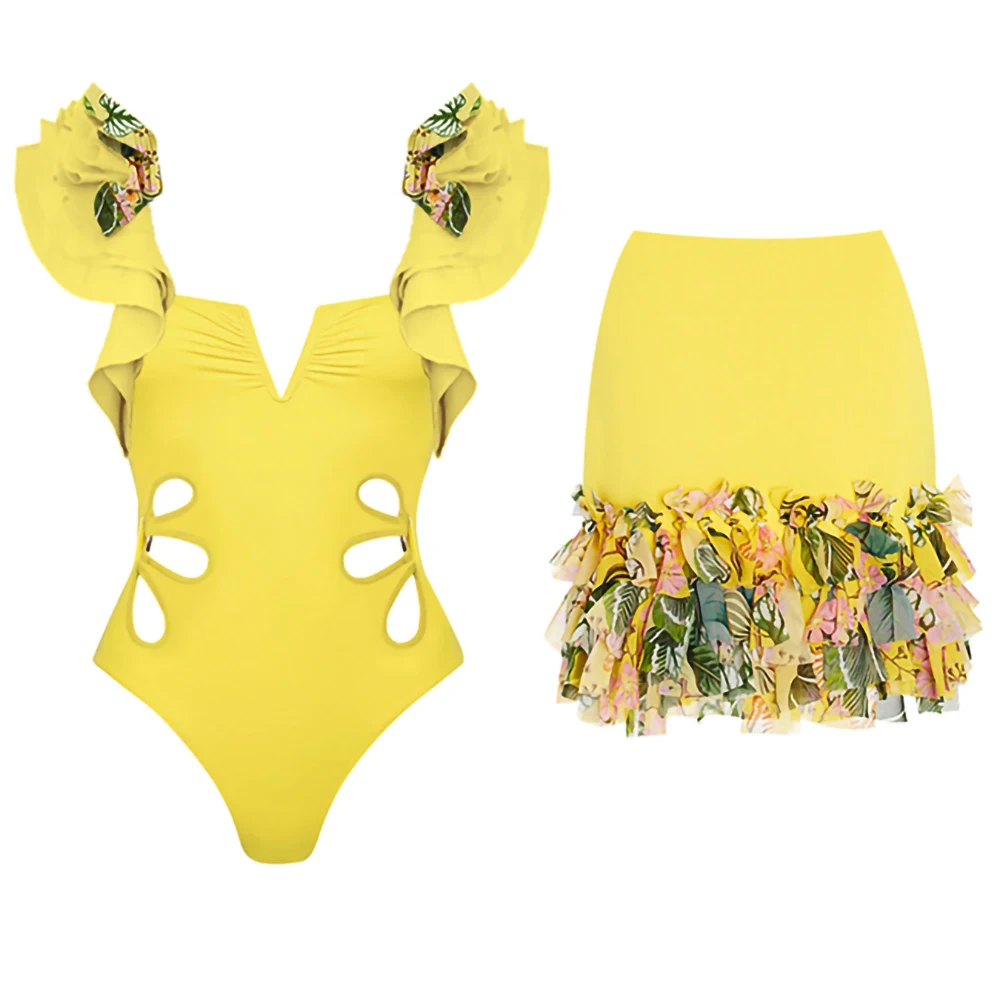 Women's one piece swimsuit with flower hollowed out and ruffled edges at the waist-chiquechics