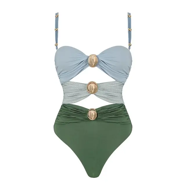 New Women‘s Swimsuit Buttons One Piece Sarong Swimwear 