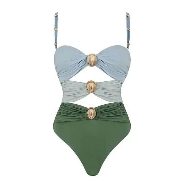 New Women‘s Swimsuit Buttons One Piece Sarong Swimwear 