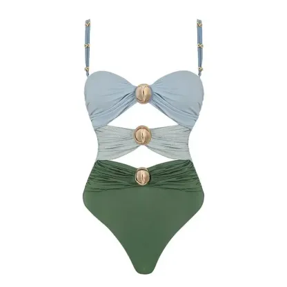 New Women‘s Swimsuit Buttons One Piece Sarong Swimwear 