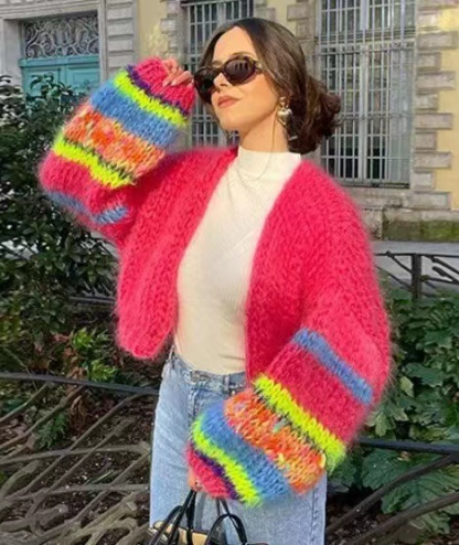 Striped long-sleeved rainbow plaid heavy handmade versatile cardigan sweater-chiquechics