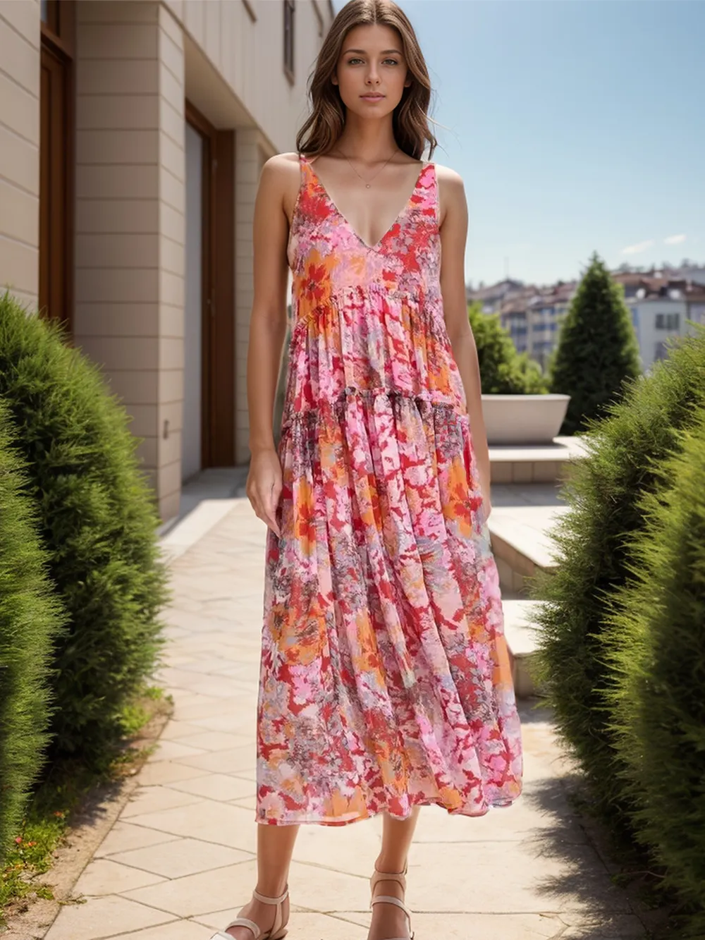 Tiered Printed V-Neck Sleeveless Dress-chiquechics