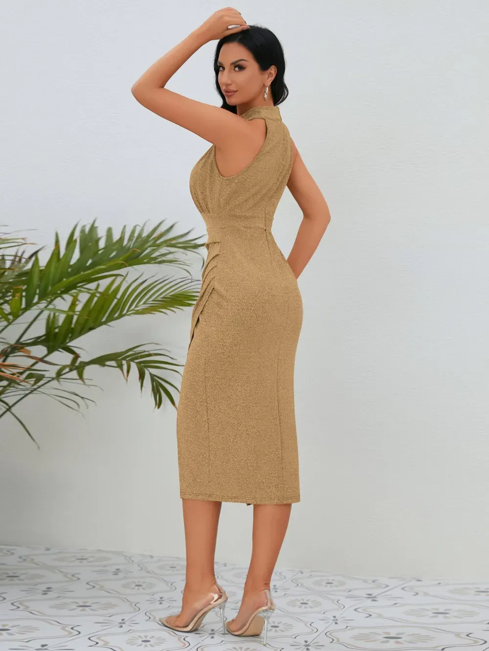 Slit Ruched Mock Neck Sleeveless Dress-chiquechics