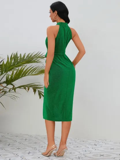 Slit Ruched Mock Neck Sleeveless Dress-chiquechics