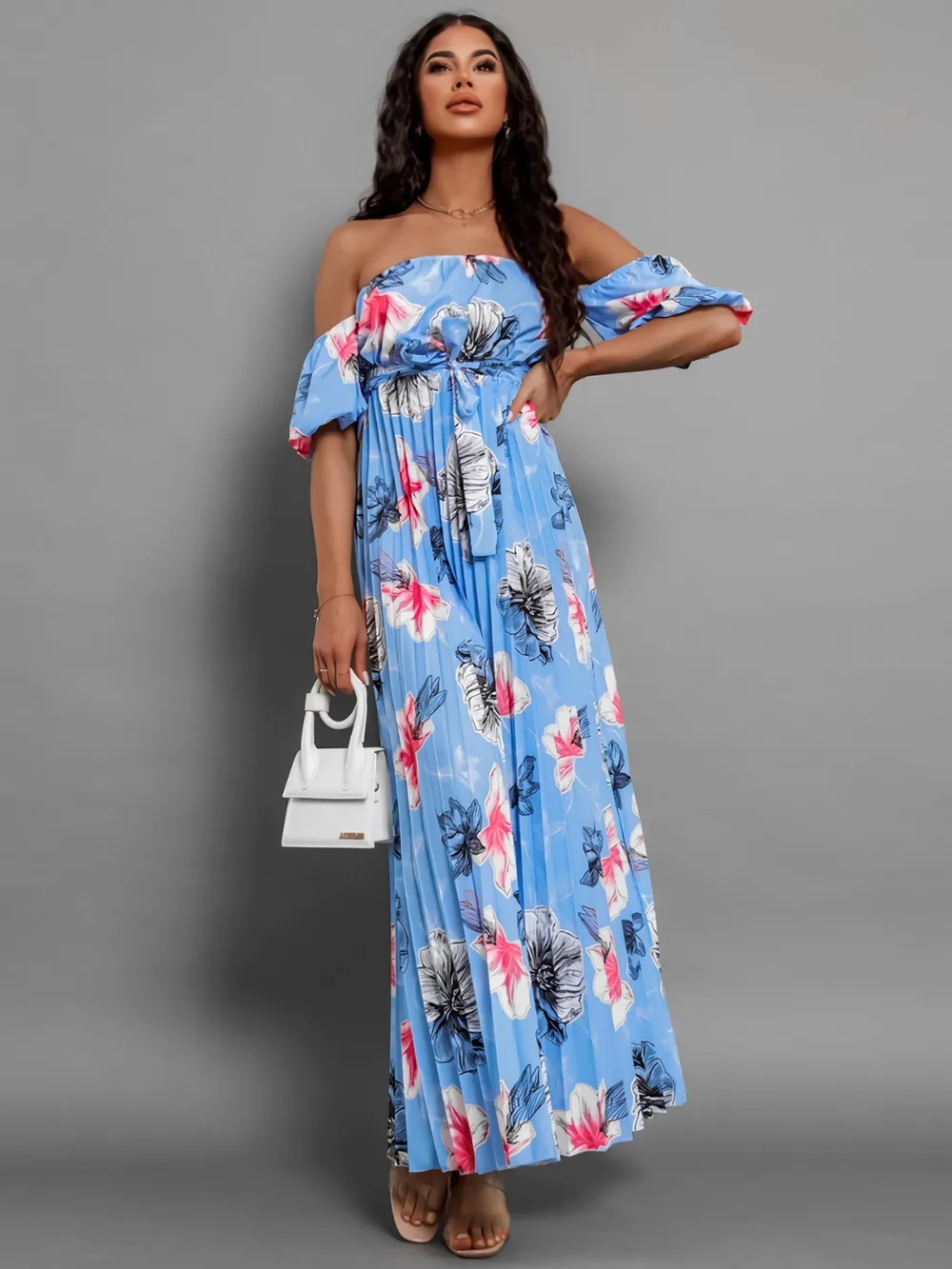 Pleated Floral Off-Shoulder Short Sleeve Midi Dress-chiquechics