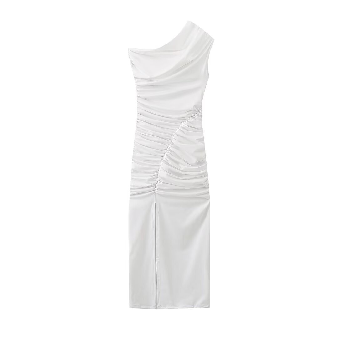 Sexy women's split temperament pleated decoration elastic asymmetrical sleeveless dress-chiquechics