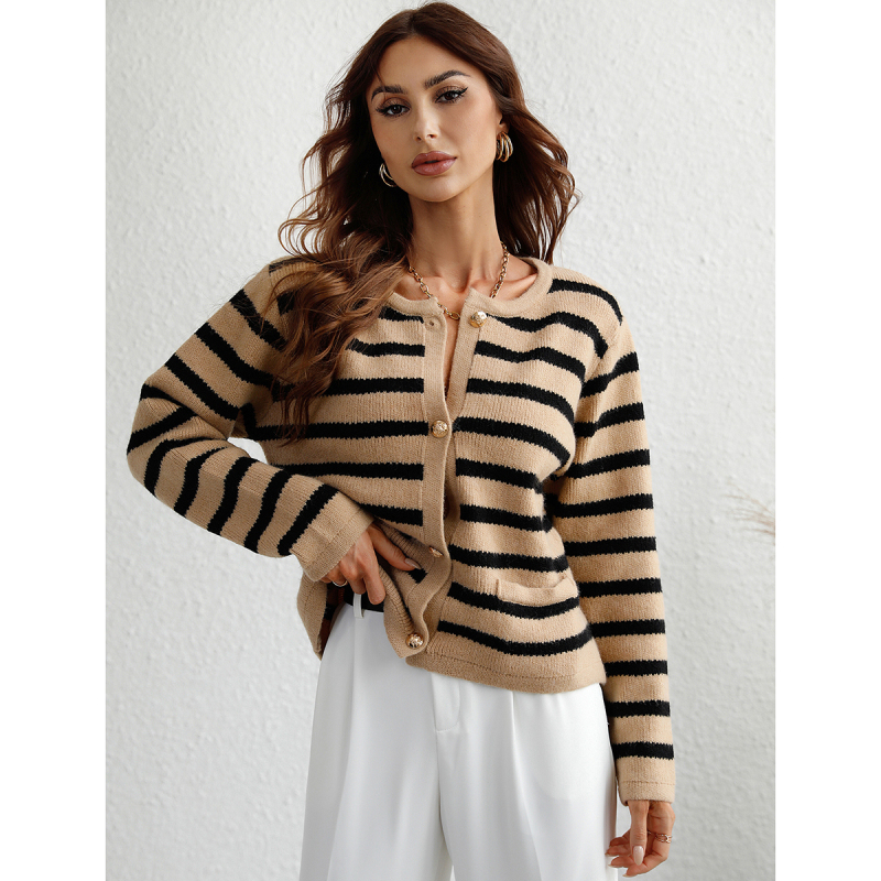 Women's Striped Loose Knit Single Breasted Cardigan Sweater-chiquechics
