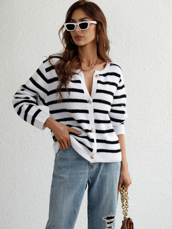 Women's Striped Loose Knit Single Breasted Cardigan Sweater-chiquechics