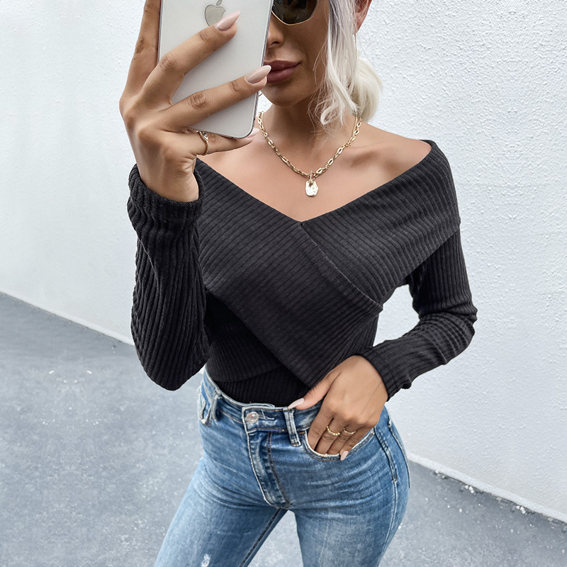 Knitwear solid color one shoulder hot girl top-chiquechics